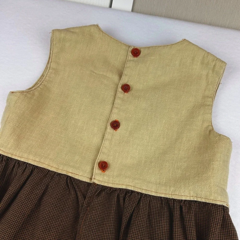 Vintage Style Handmade Apple Embroidered Jumper Dress Brown Tan Check Kids